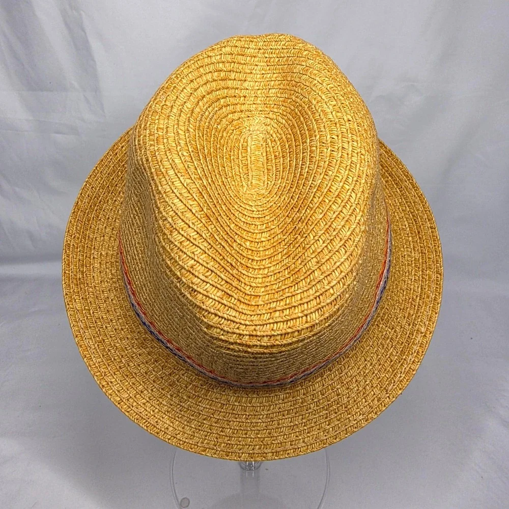 Straw Fedora Kids One Size Tan Striped Band Sun Hat Summer Beach Boho Festival